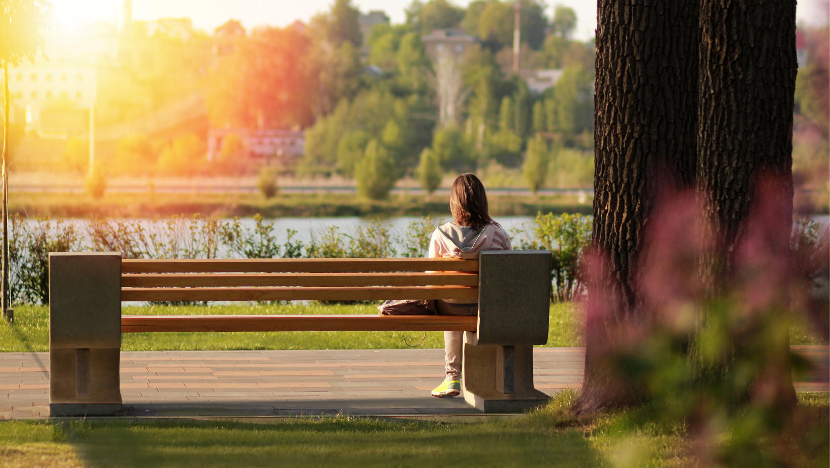 Person sitting alone on a park bench at sunset