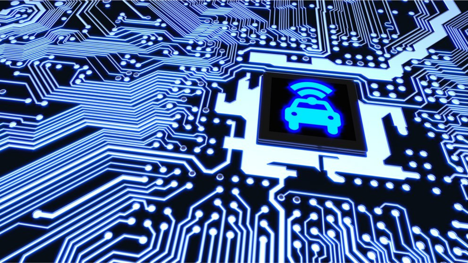 A blue computer circuit board has a glowing car with a Wi-Fi icon, indicating a smart vehicle.