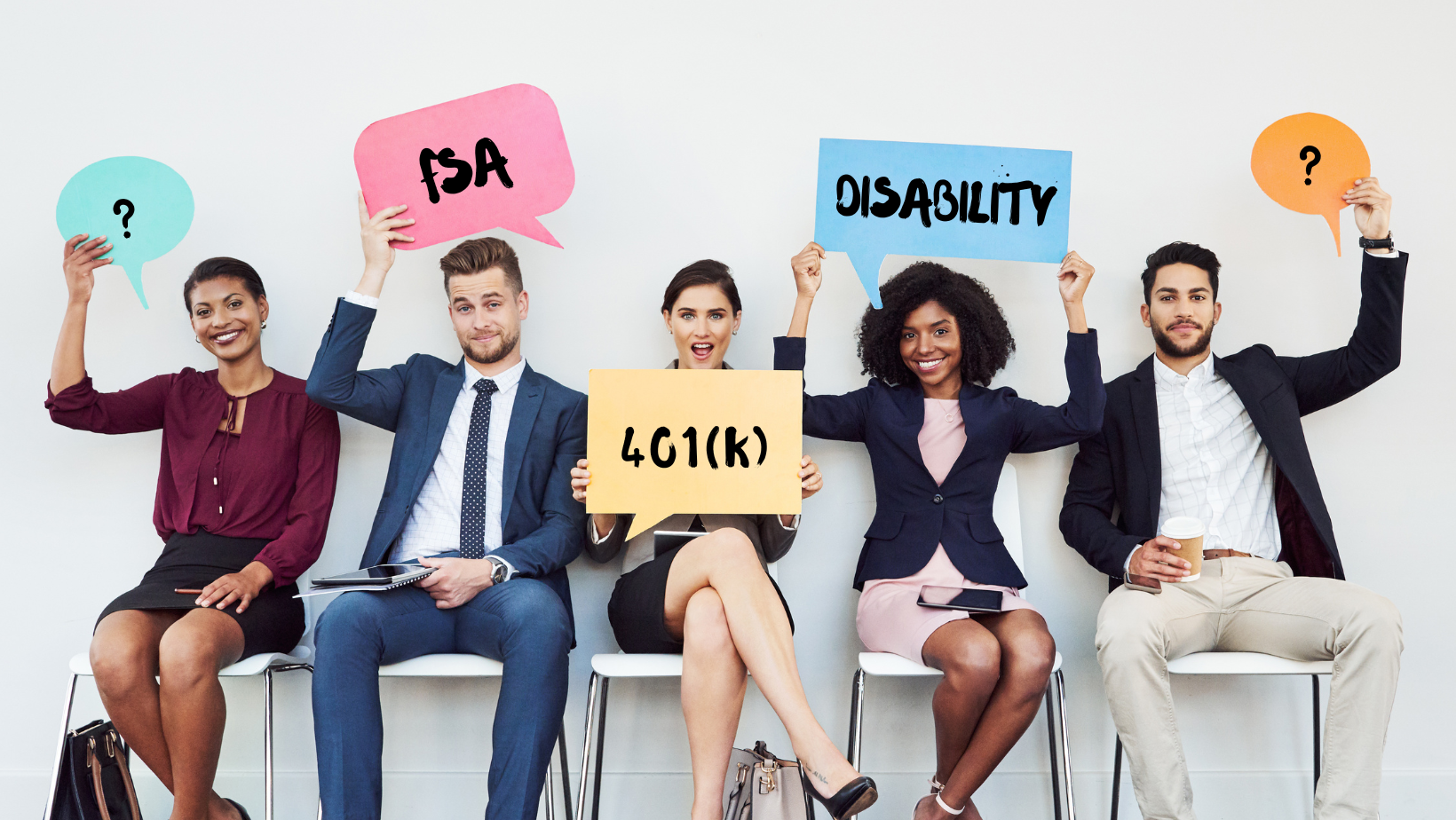 Employees holding speech bubble shaped signs.